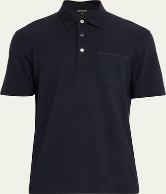 Ermenegildo Zegna Mens Cotton Polo Shirt with Leather-Trim Pocket