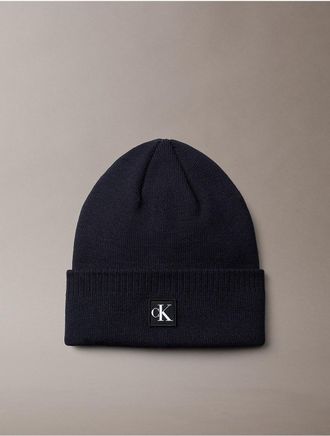 Calvin Klein Mens Monogram Embroidery Cuff Beanie - Blue