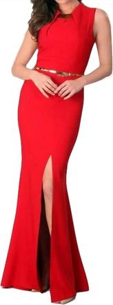 Angel Cutout Neckline Front-Slit Gown Dress In Red