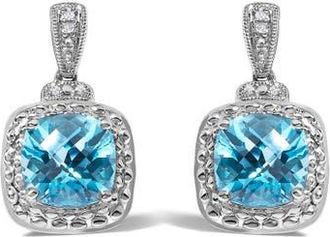 House of Brilliance Sterling Silver 8x8mm Cushion Cut Blue Topaz and Diamond Accent Drop Earrings at Nordstrom