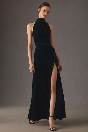 Sau Lee Penelope Halter Stretch Velvet Maxi Dress