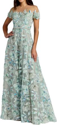 Mac Duggal High Neck Embellished A-Line Gown with Cap Sleeves in Sage Multi at Nordstrom, Size 10