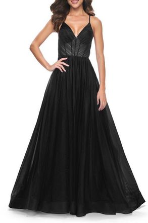 La Femme A-Line Prom Dress with Illusion Ruched Bodice in Black at Nordstrom, Size 00