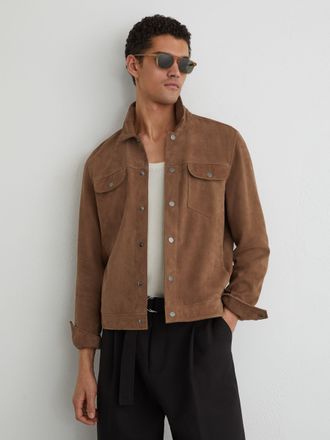 Reiss Mushroom Brown Suede Press-stud Twin-pocket Jacket, Xxl
