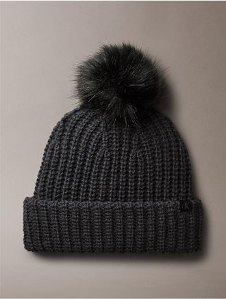 Calvin Klein Womens Fleece Ribbed Pom-Pom Beanie - Black