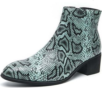 Generic Mens Block Heel Chelsea Ankle Boots PU Leather Short Boots with Side Zipper Pointed Toe Dress Shoes,Green,11.5 UK