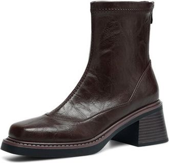 Generic Women Ankle PU Leather Boots Square Toe Side Zip Low Chunky Block Heels Textured Stitching Slip On Comfortable Durable Fashion,Brown,4.5 UK