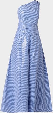 Shoshanna Nikki Sequined Striped One-Shoulder Gown