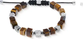 Coeur de Lion Tiger Eye Cubes Bracelet With Graphic Relief Stainless Steel Cubes And Adjustable Textile Closure in Silver at Nordstrom