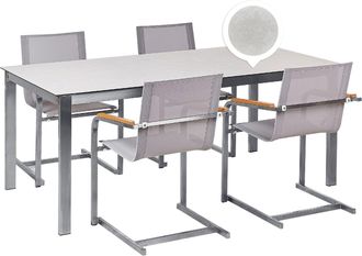 Beliani Conjunto De Jard&iacute;n Moderno 4 Plazas De Acero Inoxidable Mesa Comedor Tablero De Vidrio Blanco Sillas De Textileno Beige Cosoleto