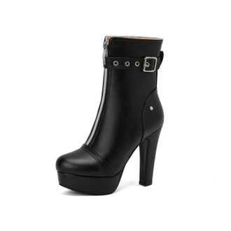 Generic Womens Round Toe Ankle Boots with Buckle Strap & Chunky Platform Heel, Casual Style,Black,7.5 UK