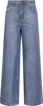 Self Portrait Rhinestone Croc Effect Wide Leg Jeans - Dames - Loose Fit Jeans - Blauw - W25 - Katoen - Jeans
