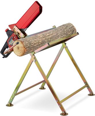 Relaxdays Caballete Le&ntilde;a Con Soporte Para Motosierra, Banco Cortar Madera, Hasta 120 Kg, Metal, 86 X 88 X 73 Cm, Dorado - Relaxdays