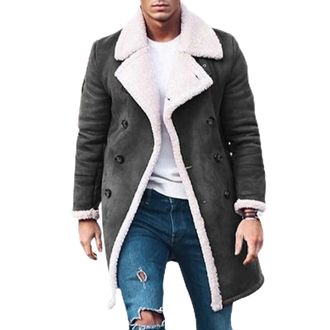 Generic Leather Coat Men Sheepskin Coats for Mens Shearling Coat Casual Warm Winter Clothes Fleece Lined PU Faux Leather Trim