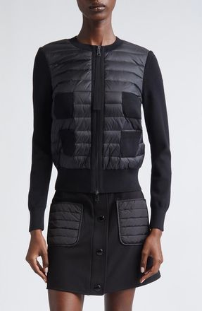 Moncler Mixed Media Quilt Front Wool Cardigan in Black at Nordstrom, Size X-Large