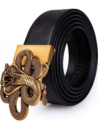 Barry.Wang Mens Ratchet Belt Leather Black Belts Automatic Buckle Gold Snake Slide 1 3/8 Strap Dress Party Anniversary Masquerade