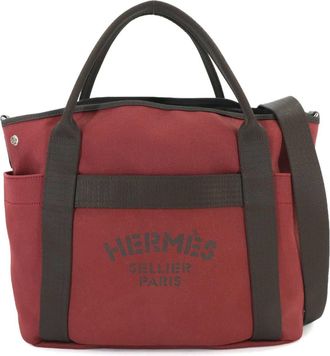 Herm&egrave;s Chocolat Rouge H Toile Chevron Leather Handbag Tote Bag (Pre-Owned)