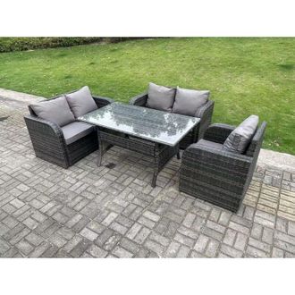 Fimous Dark Grey pe Wicker Rattan Garden Furniture Set Reclining Chair Love Sofa 2 Seater Sofa Set Outdoor Rectangular Dining Table Big Stools Side Table 8