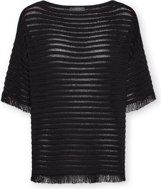 Elena Miro Gestreept- geperforeerd top van viscosemix - Dames - Ronde hals truien - Zwart - L/Xl - Nylon - Truien & Vesten