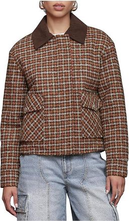 Avec Les Filles Oversized Tweed Bomber Jacket Womens Coat Brown/Blue Plaid : XS, Polyester/Wool