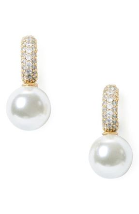 Kate Spade New York imitation pearl pav&eacute; huggie hoop earrings in Cream/Gold at Nordstrom