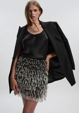 Karen Millen Womens Pearl Tassel Embellished Woven Mini Skirt - Black - Size 14 UK