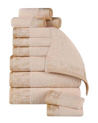 Superior Wisteria Cotton 12Pc Assorted Towel Set With Floral Bohemian Embroidered Jacquard Border