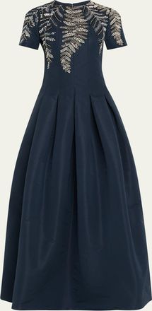 Oscar De La Renta Fern Embroidered Short-Sleeve Pleated Gown