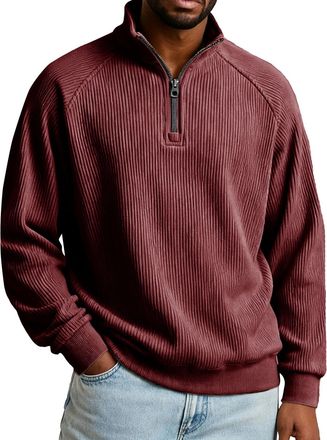 Generic Mens Half Zip Pullover Loose Fit Casual Plain Henley Sweatshirts Stylish Lightweight Stand Collar Sports Work Vintage Tees Red