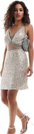 Never Fully Dressed Petite - Mimi - Vestito corto con paillettes argento e pizzo