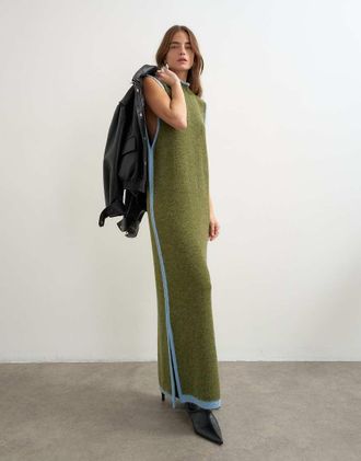 Topshop vestito maxi tunica senza maniche in maglia con collo alto color oliva-Verde