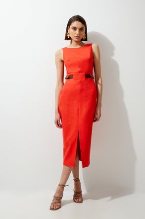 Karen Millen Petite Premium Tailored Linen Pu Waist Tab Midi Dress