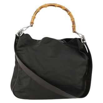 Gucci Vintage Bamboo Handle Bag Nylon Brown Nylon Handbag (Pre-Owned)