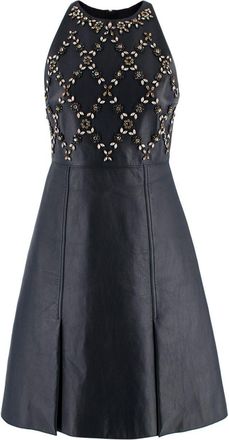 Erdem Navy Leather Floral Crystal Embellished Mini Dress Size XS