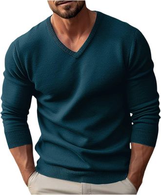 Generic Mens Knit Jumpers V-Neck Slim Fit Jumper for Men UK Lightweight Plain Casual Knitted Sweaters Business Work Golf Classic Pullover Sweater Tops Long Sl