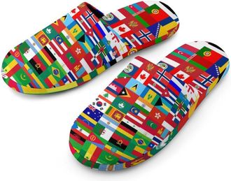 Generic World Country Flag Pattern Flannel Mens Slip-on Slippers Winter Warm House Shoes with Rubber Sole for Home Hotel