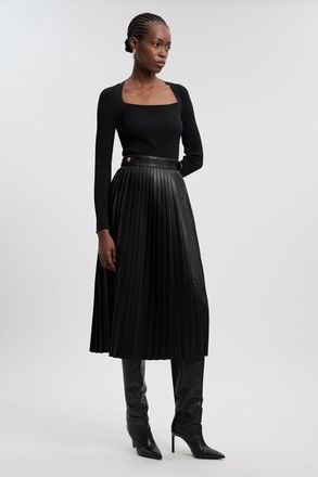 Karen Millen Womens Viscose Rib Pu Mix Tab Detail Pleated Knit Midi Dress - Black - Size X-Small