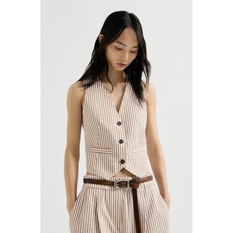 Brunello Cucinelli Techno cotton striped seersucker vest with monili in Beige at Nordstrom, Size 40