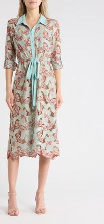 L'agence Emilio Floral Long Sleeve Midi Shirtdress in Aqua/Red Eyelet at Nordstrom Rack, Size Xx-Small