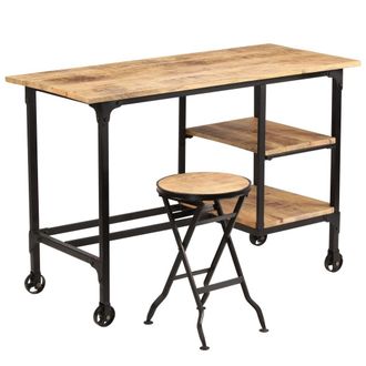vidaXL Escritorio Y Taburete Plegable Madera Maciza Mango 115x50x76 Cm Vidaxl