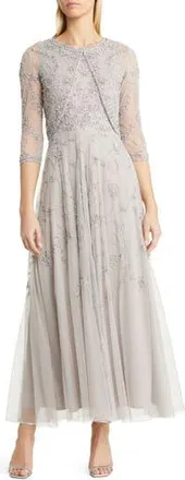 Pisarro Nights Beaded Mesh Gown with Jacket in Silver at Nordstrom Rack, Size 14
