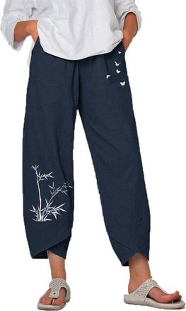 SHEKINI Womens Linen Trousers Casual Lightweight Wide Pant with Pockets for Women Printed Plus Size, Navy, M