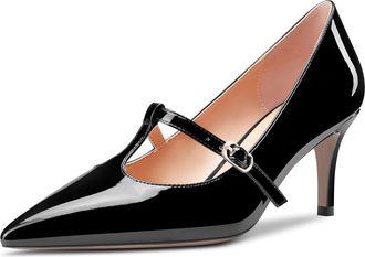Castamere Women Stiletto Mid Kitten Heel Close Pointed Toe Slip-on T-Strap Pumps Court Shoe Wedding Party Dress Shoes 6.5 CM Heels Black 8 UK