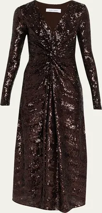 Prabal Gurung Twisted Front Long-Sleeve Sequined Midi Dress