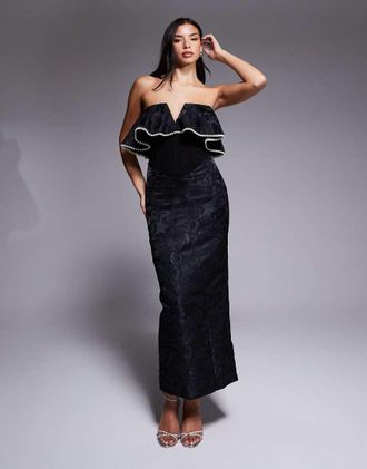 Asos Vestito lungo nero jacquard con scollo Bardot con perle