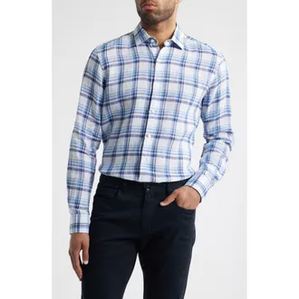 Scott Barber European Plaid Linen Button-Up Shirt in Navy at Nordstrom Rack, Size Xx-Large