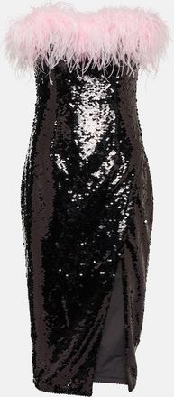 Self Portrait Feather-trimmed sequined midi dress