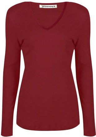 Janisramone Womens Ladies V Neck Long Sleeve T-Shirt Stretchy Plain Jersey Slim Fit Casual Basic Tee Tops Wine