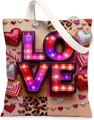 Generic ValentineS Day Hearts Canvas Tote Bags,Stylish Love Lightweight Washable Shoulder Strap Canvas Grocery Bags, Peach, 13x15 Inch