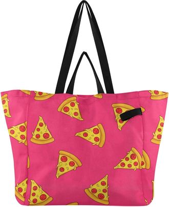 Generic Pizza Pink pattern Reusable Canvas Tote Bag, Heavy Duty Grocery Shopping Bag with Double Handles Hard Bottom Large Capacity Work Groceries Travel